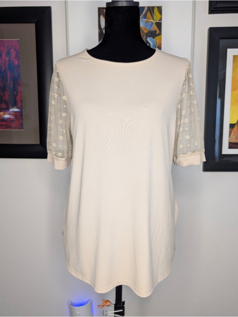 Adrianna Papell Cream Short Sleeve top with Sheer Floral Sleeves